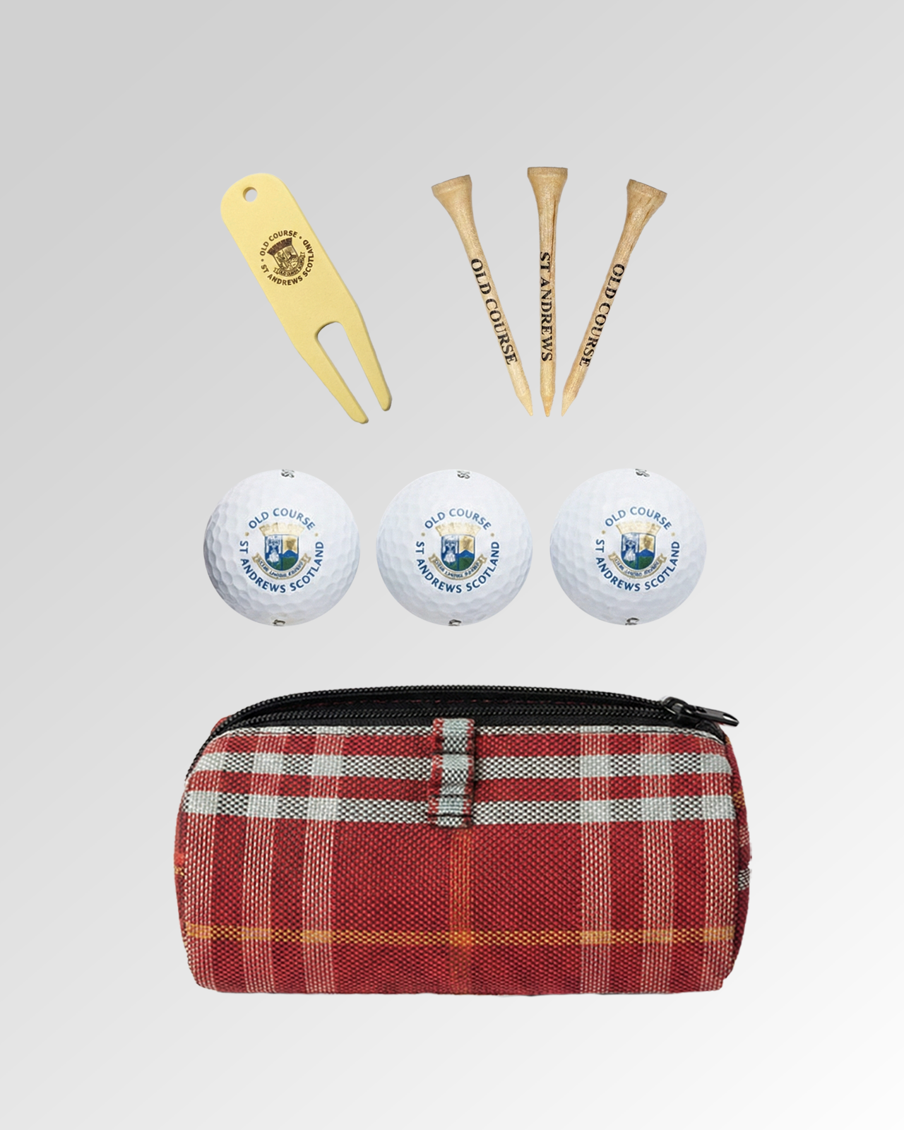 Tartan Golf Pouch Set - Includes Balls, Tees & Divot Tool